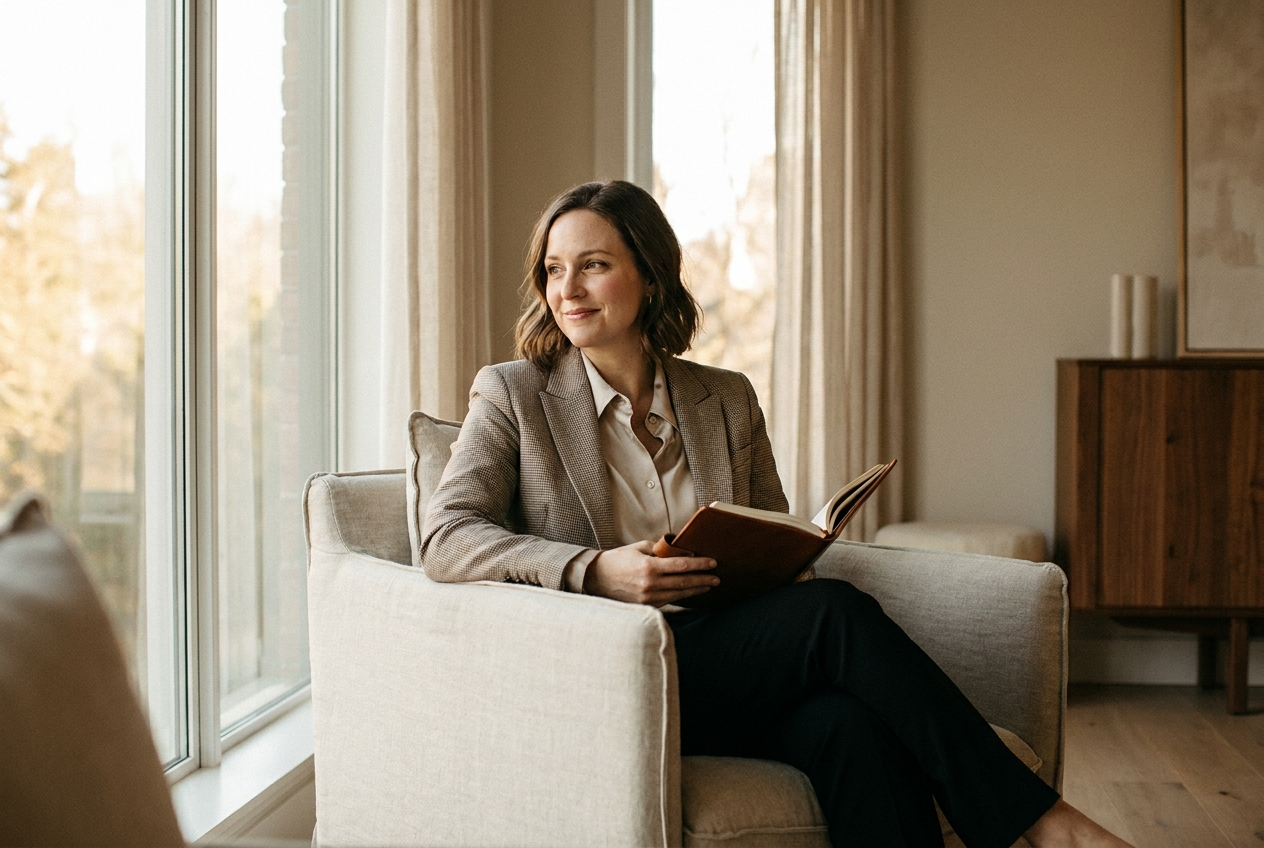 A woman reflecting with clarity and confidence