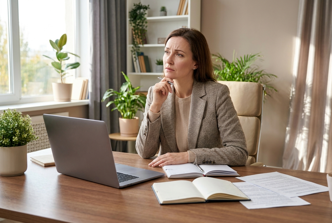 Woman thinking through real estate documents