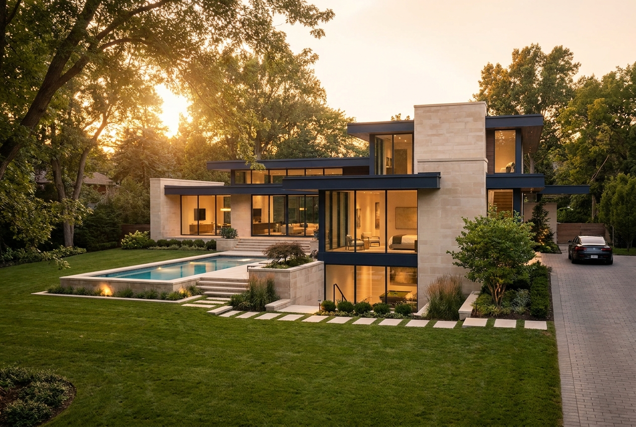 Modern luxury real estate property at golden hour